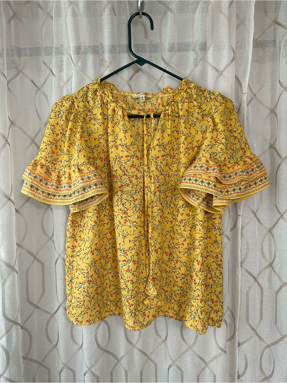 Yellow Floral Tie-Front Ruffle Sleeve Blouse